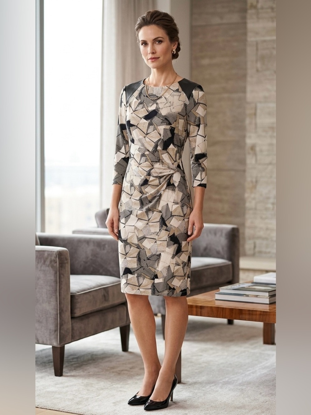 Basler Geometric Print Sheath Dress XS - Faux Leather Shoulder Accent 3/4 Sleeve